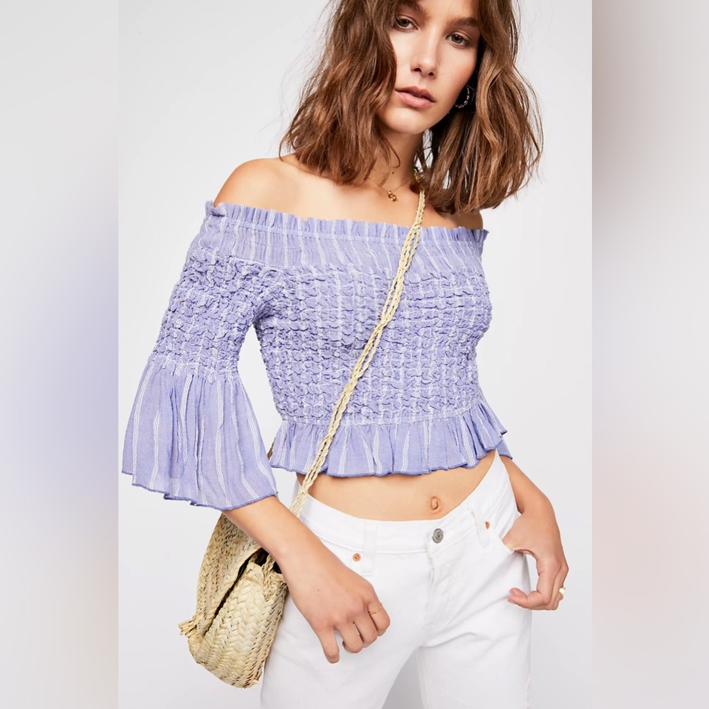 Free People Lilac Off-Shoulder Smocked Crop Top